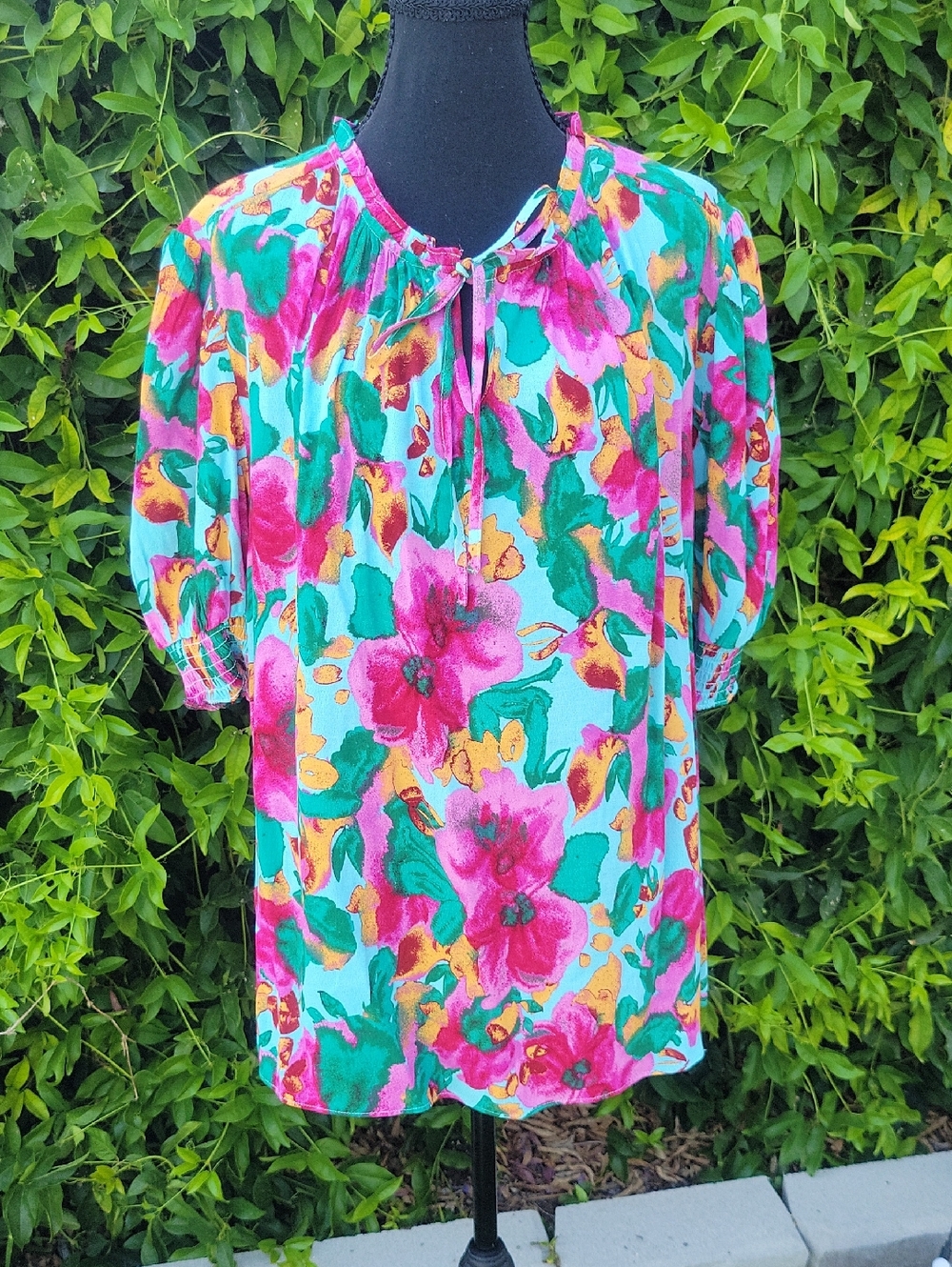 Floral Tie-Neck Blouse in Turquoise and Pink Puff Sleeves 1X